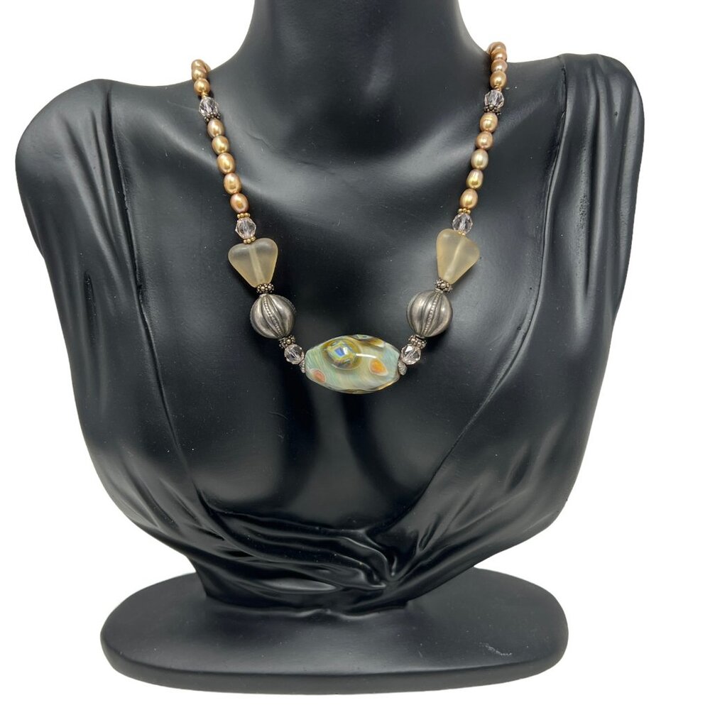 Faux Brown Pearl Necklace with Painted Glass Beads Silver Tone Toggle‎ Clasp